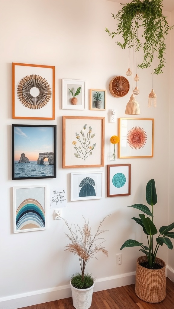A stylish gallery wall featuring various framed artworks and plants.
