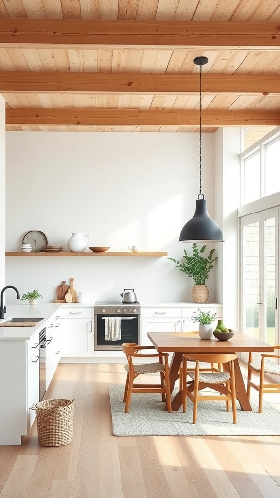 A minimal farmhouse kitchen featuring a wooden ceiling, white cabinets, and a wooden dining table.