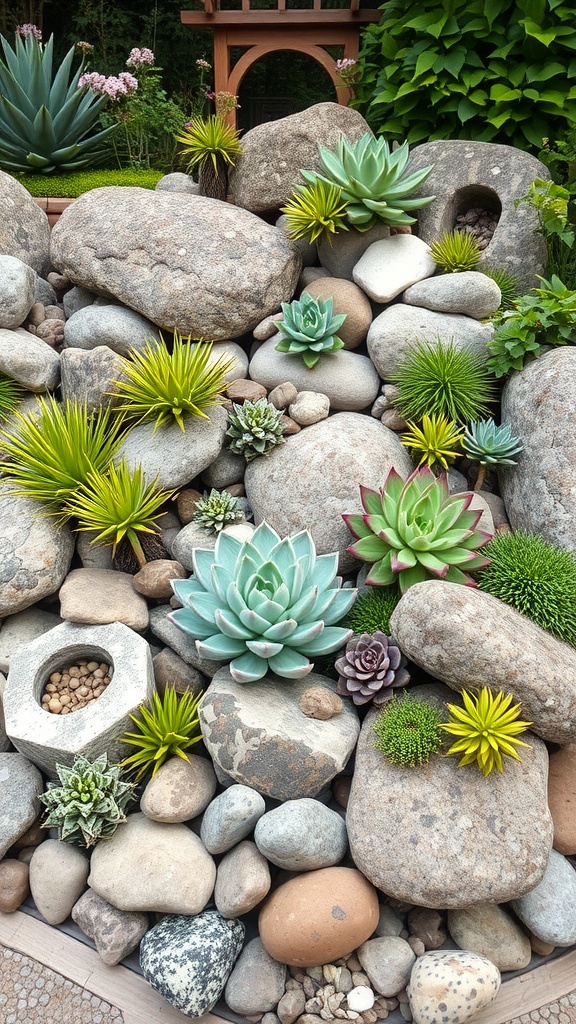 A vibrant succulent rock garden featuring various succulents and stones.