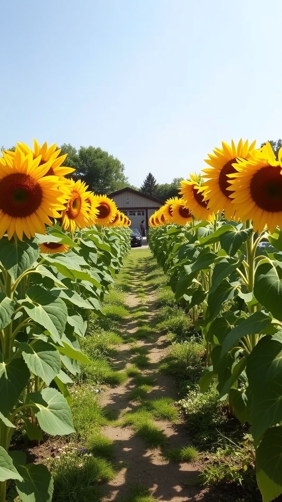 A path lined with tall sunflowers leading to a building.