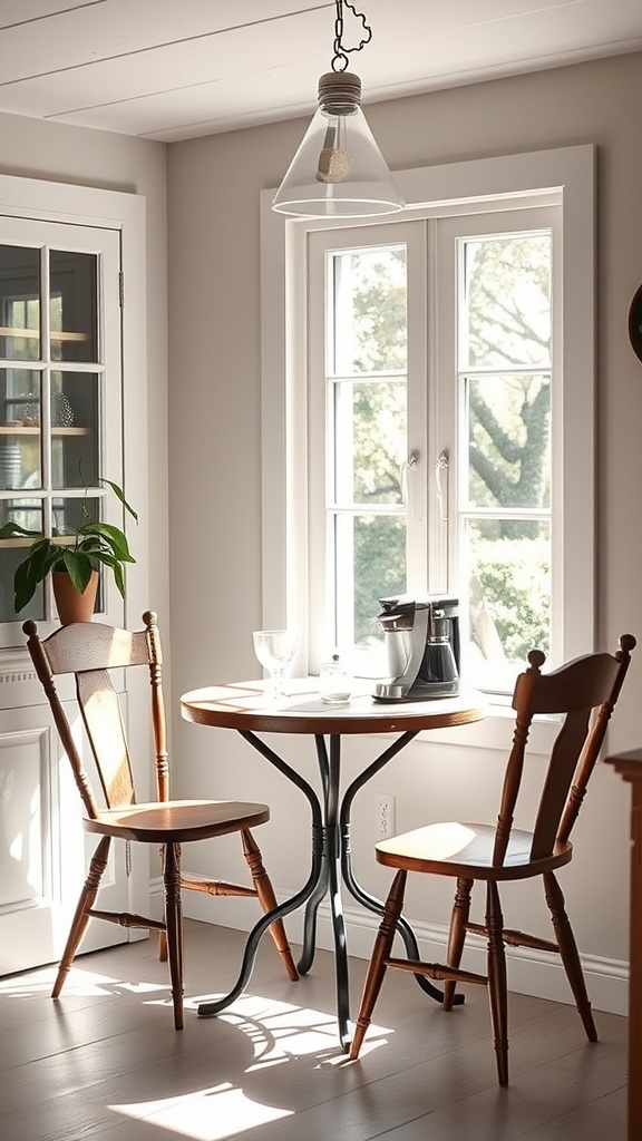 A sunlit breakfast nook with a small wooden table and two chairs, featuring a coffee maker and a plant by the window.