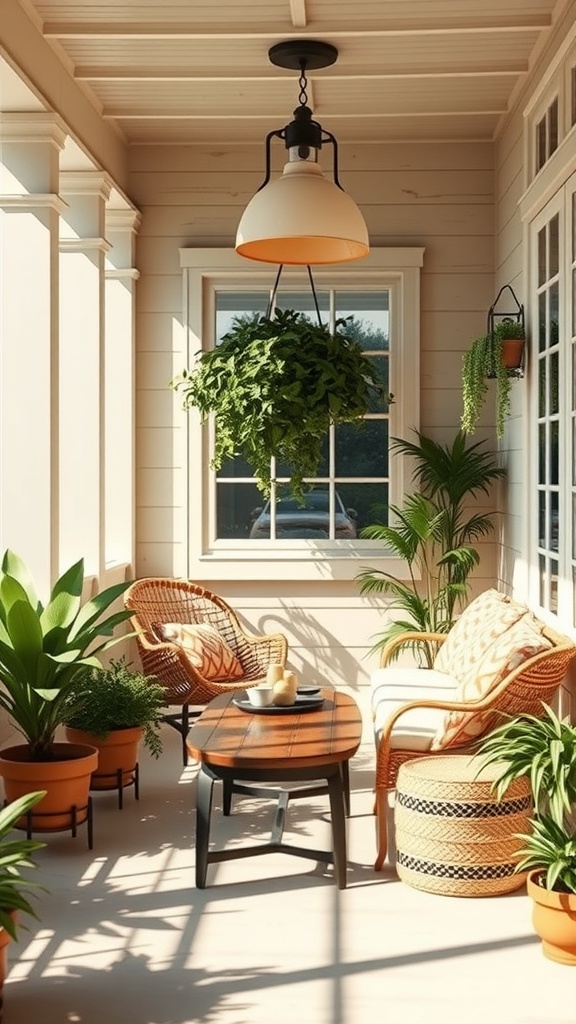 Cozy sunlit porch with plants and seating for coffee lovers