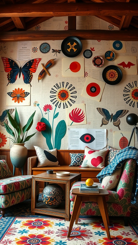 A cozy living room with vibrant floral patterns and eclectic decor.