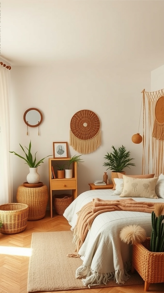 A cozy boho chic bedroom featuring natural materials, plants, and warm colors.