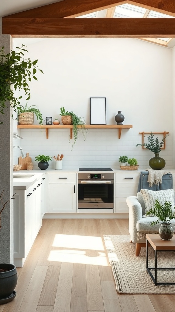 A bright, minimal farmhouse kitchen with plants and natural materials.