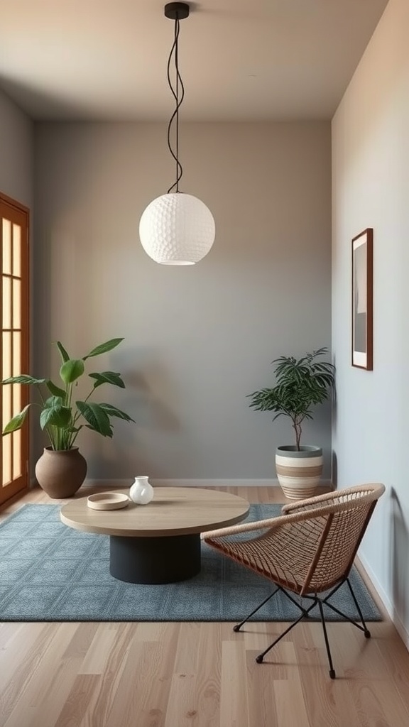 A cozy interior featuring a round wooden coffee table, a rattan chair, and plants, showcasing sustainable design.
