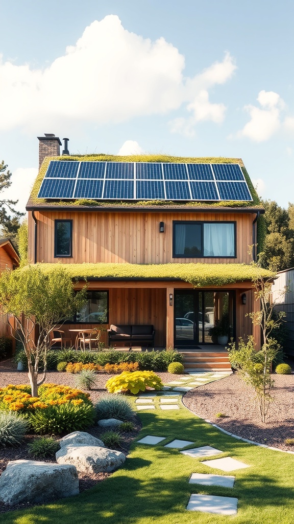 A modern eco-friendly home with solar panels and a green roof.