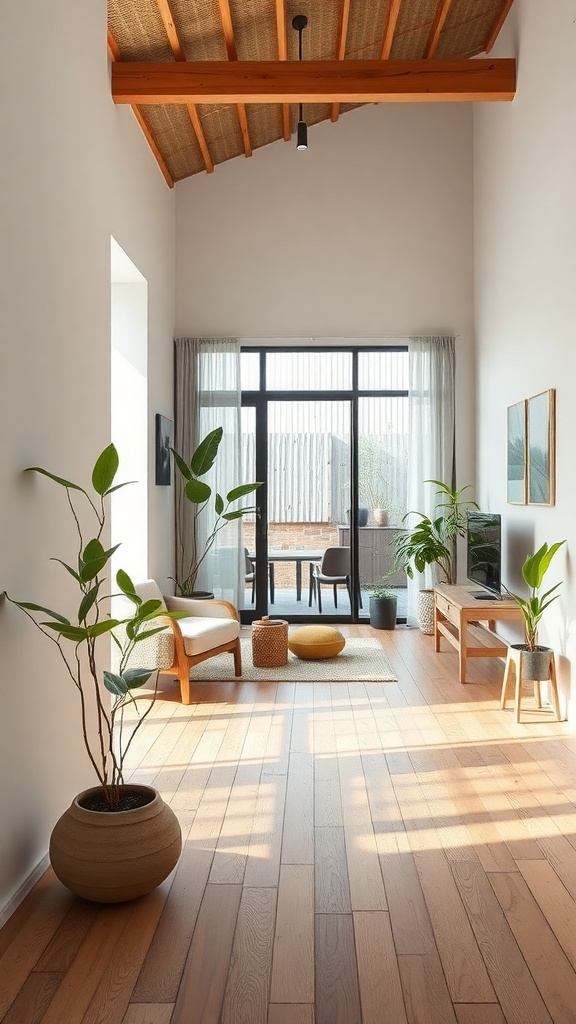A bright, minimalist living room with wooden beams, plants, and natural light.