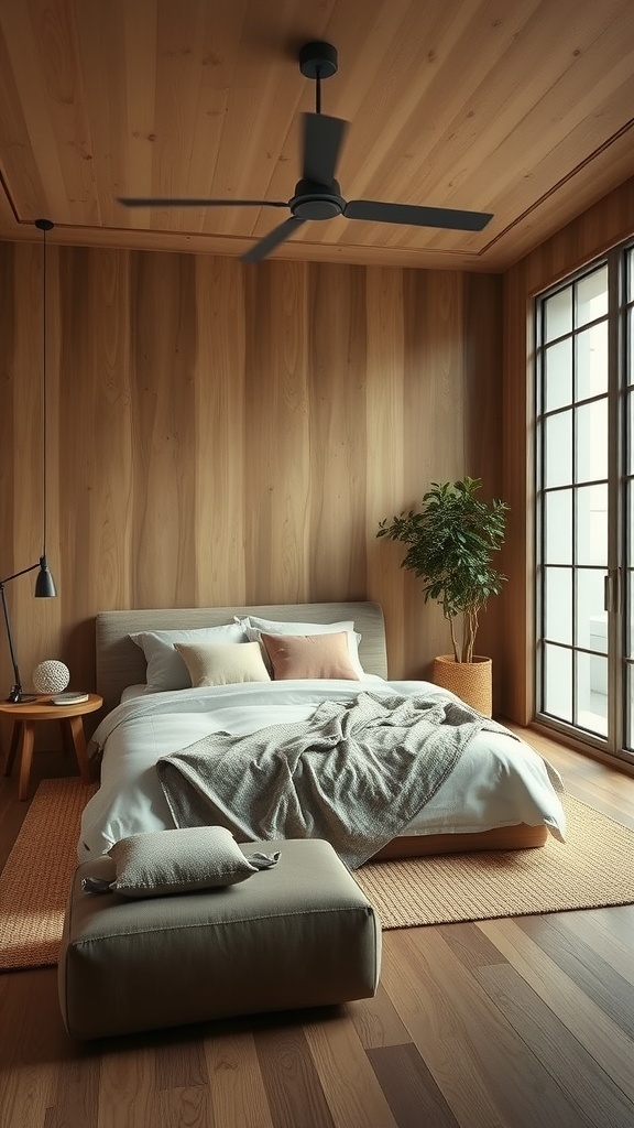 A serene Japandi bedroom featuring natural wood elements and soft textiles.