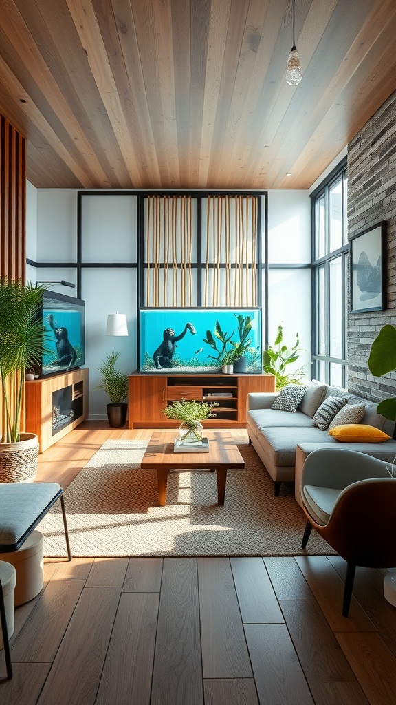 A modern living room with wooden ceiling, plants, and natural decor elements.
