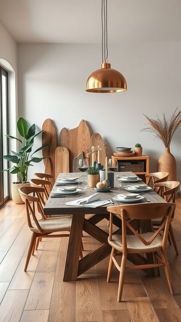 A dining area featuring a wooden table and chairs, with plants and decorative items.