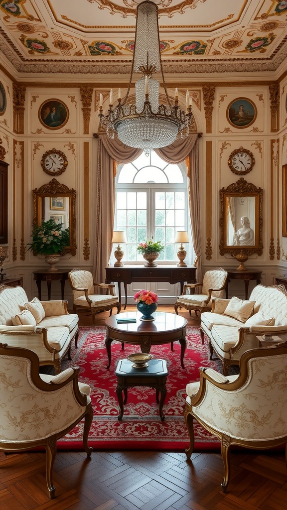A beautifully arranged Rococo living room with symmetrical furniture layout.