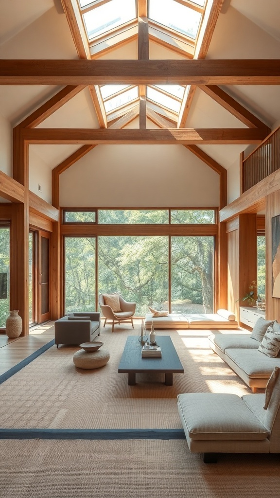 A spacious living room featuring tatami mats and wooden beams, with large windows letting in natural light.