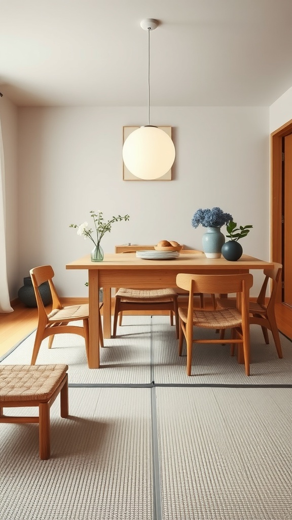 A cozy dining area featuring tatami mats, wooden furniture, and decorative plants.