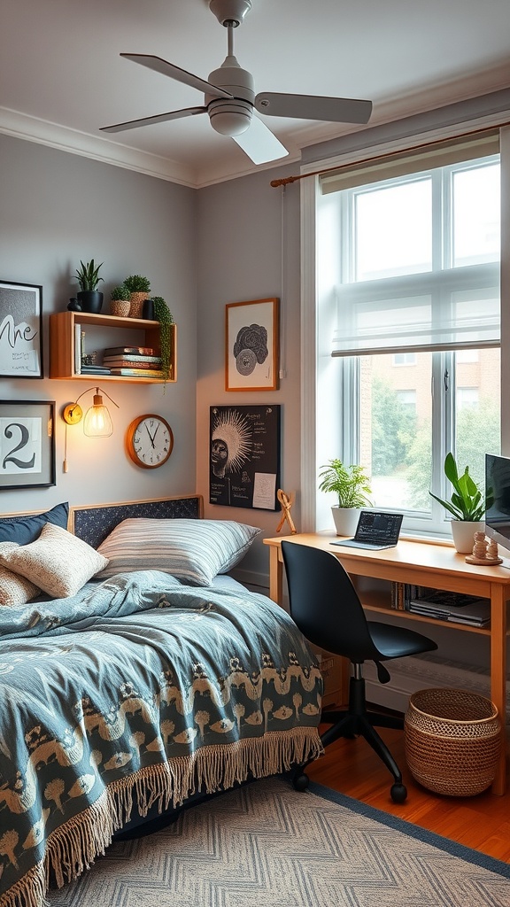 A cozy tech-savvy bedroom featuring a bed, desk, and decorative elements.