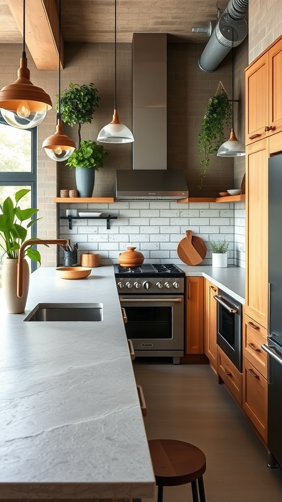A modern kitchen featuring textured concrete countertops and wooden cabinets.