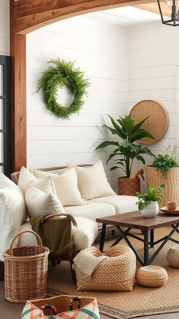 A cozy farmhouse living area with soft furnishings, including cushions and a throw blanket, surrounded by plants and woven baskets.
