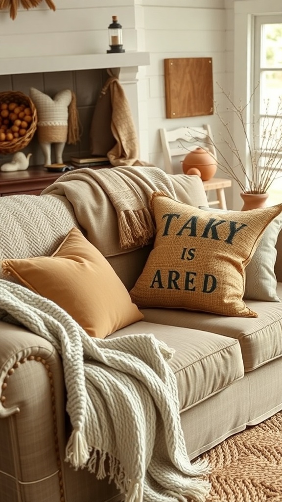 A cozy living room with textured fabrics and throws on a sofa.