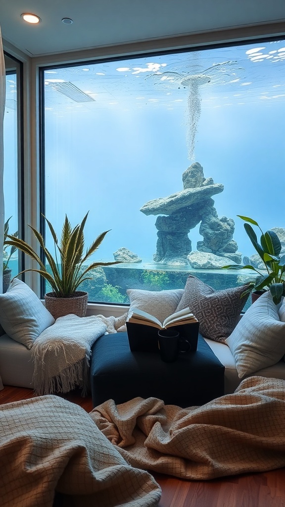 Cozy seating area with textured fabrics and a view of an underwater scene.