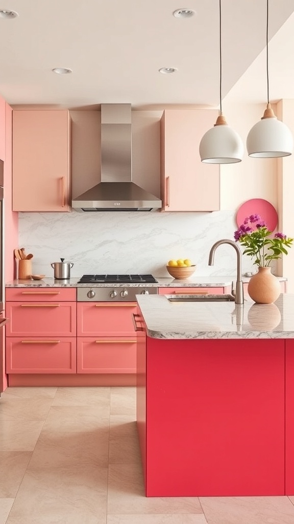 A modern kitchen featuring pink laminate cabinets and a marble countertop.