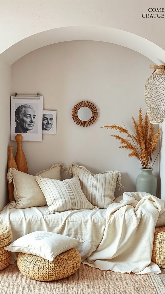 A cozy corner with textured natural fabrics, including cushions, a throw, and books.