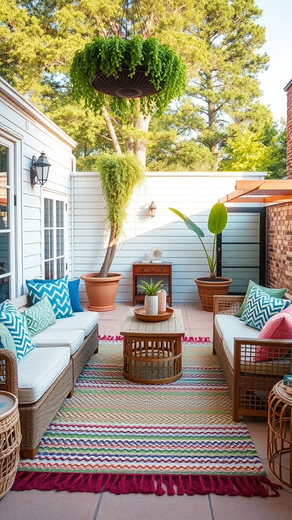 A cozy outdoor lounge area with plants, poufs, and a textured rug.