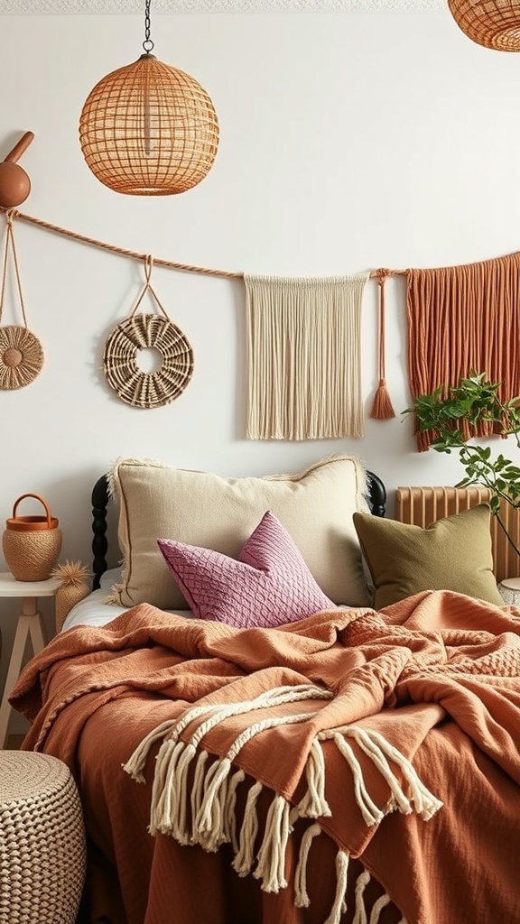 A boho chic bedroom featuring textured pillows and throws on a bed.