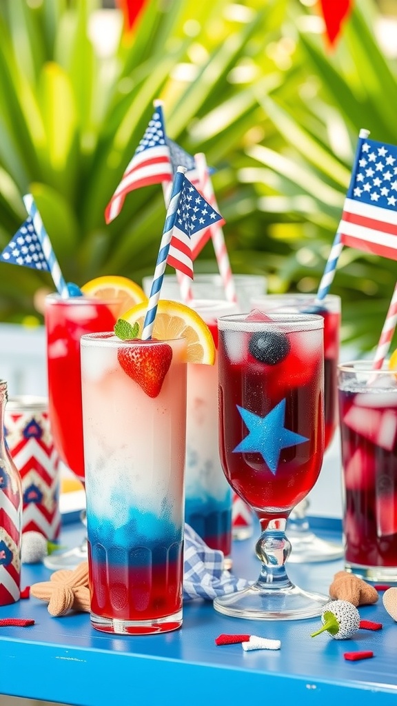 A vibrant display of themed drinks for 4th of July with red, white, and blue colors, garnished with flags.