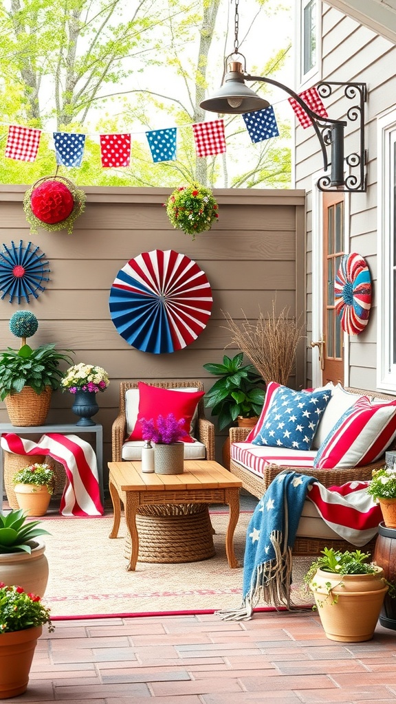 A cozy outdoor seating area decorated for the 4th of July with red, white, and blue accents.
