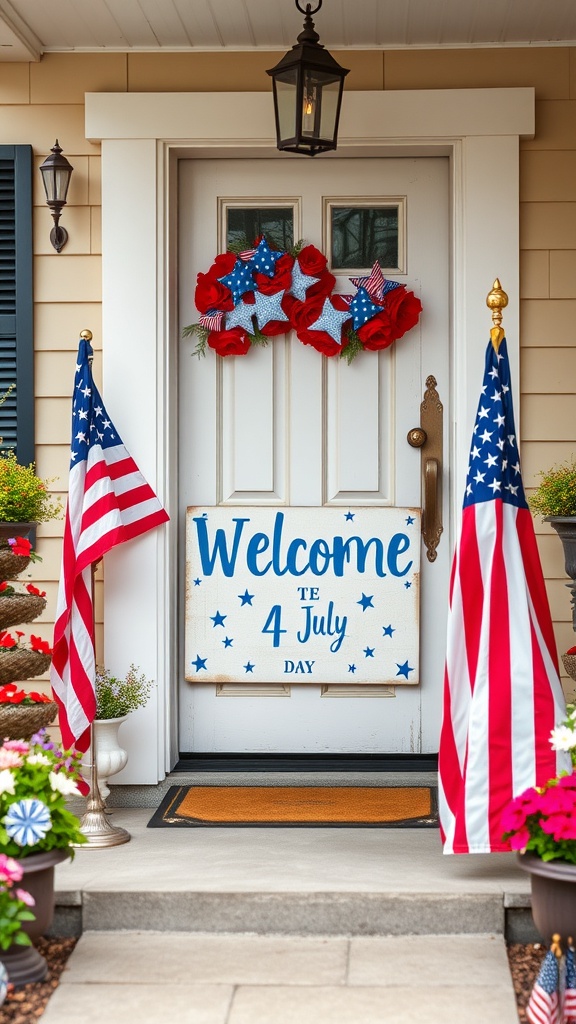 A decorated front door with a welcome sign for the 4th of July, featuring red, white, and blue colors.