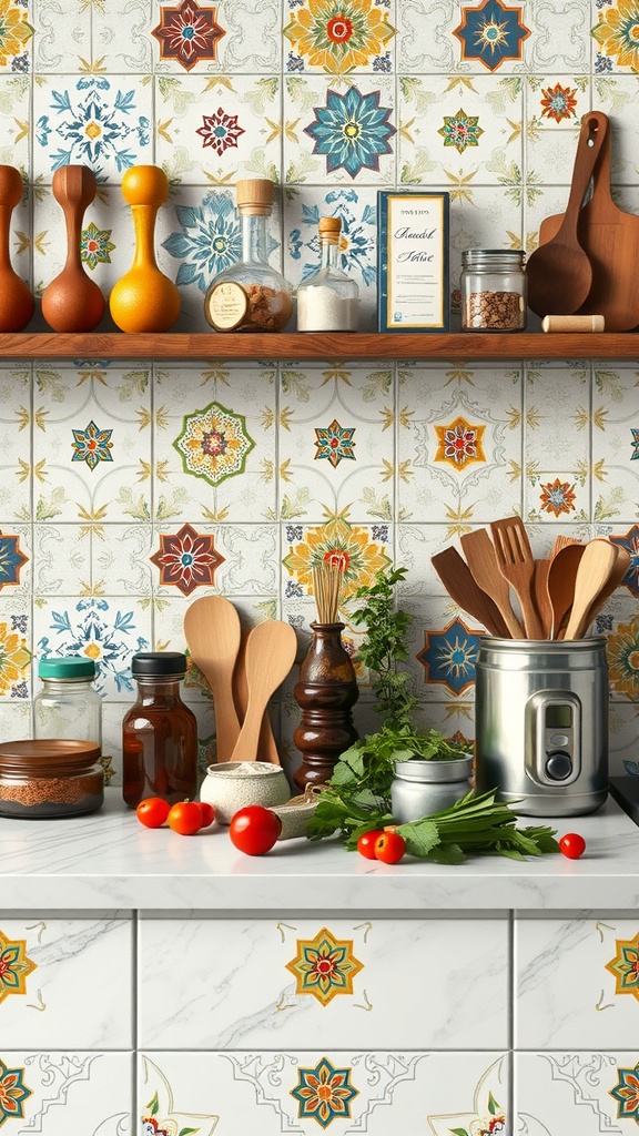 Colorful patterned tile countertop in a kitchen setting