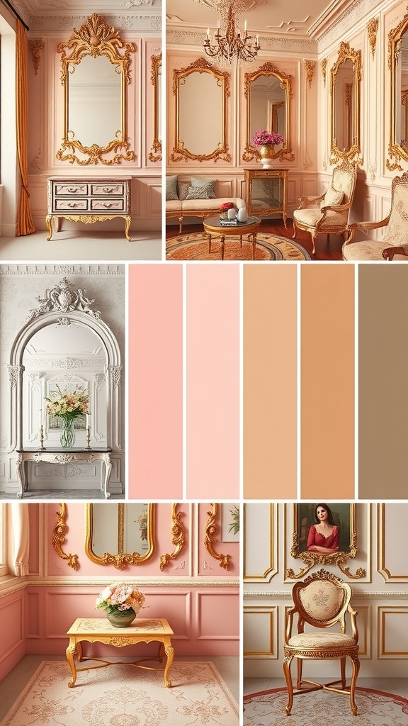 A vintage Rococo interior featuring ornate gold mirrors and a soft color palette.