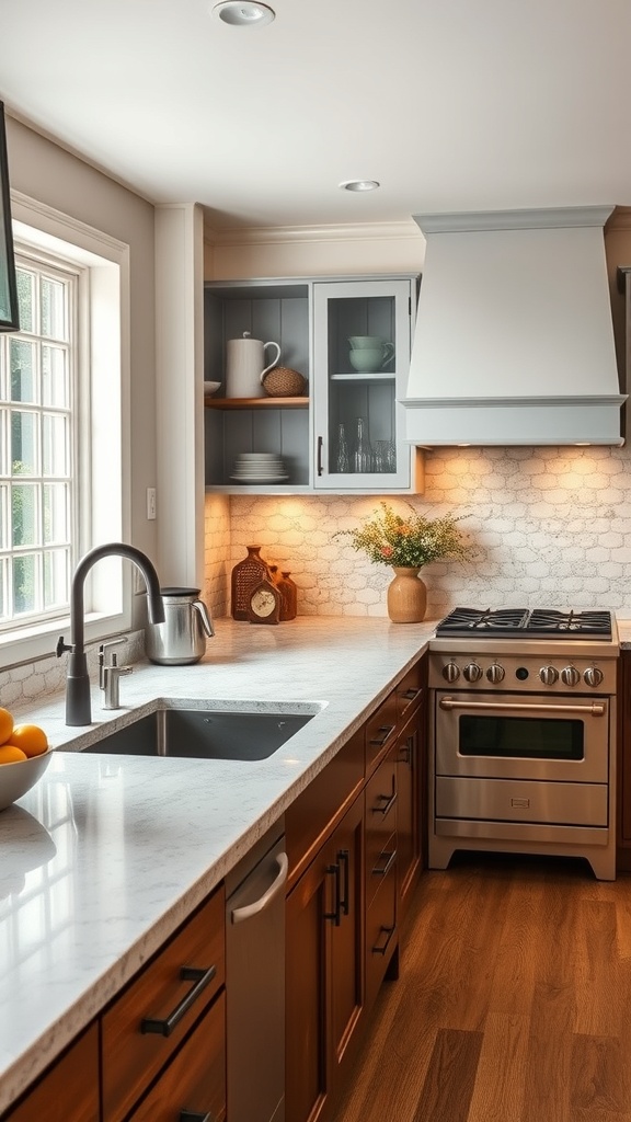 A modern kitchen featuring elegant soapstone countertops and wooden cabinets.