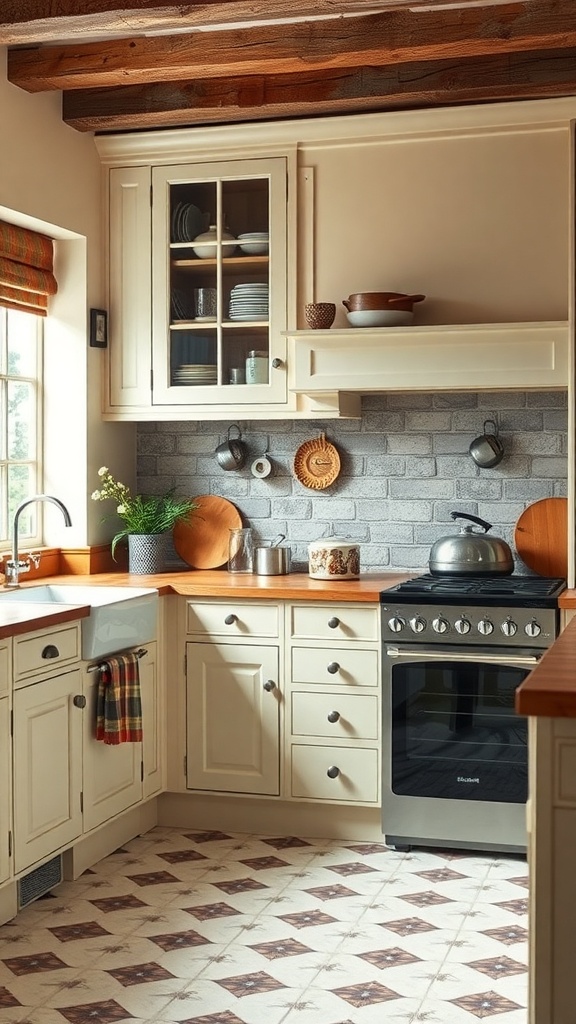 A cozy English style kitchen featuring warm wood accents and a modern design.