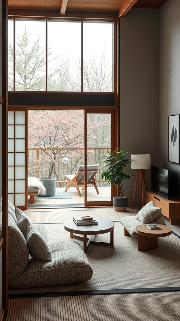 A cozy living room featuring large windows, traditional Japanese design elements, and modern Scandinavian furniture.