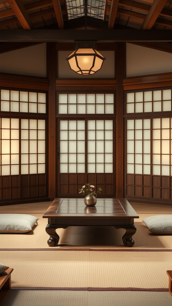 A traditional Japanese living room featuring shoji screens, tatami mats, and a low table.