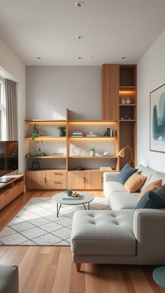 Stylish living room with wooden storage solutions and a cozy sofa