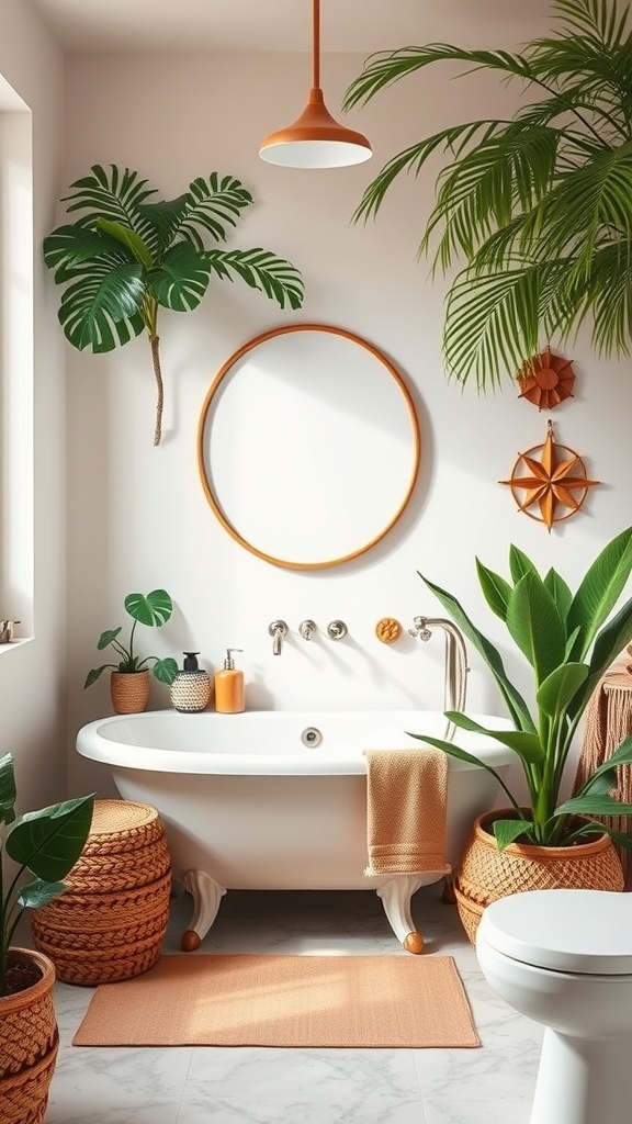 A tropical-themed bathroom featuring plants, a round mirror, and warm decor.