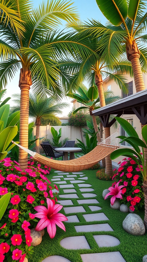 A tropical garden layout featuring palm trees, colorful flowers, a hammock, and a seating area.