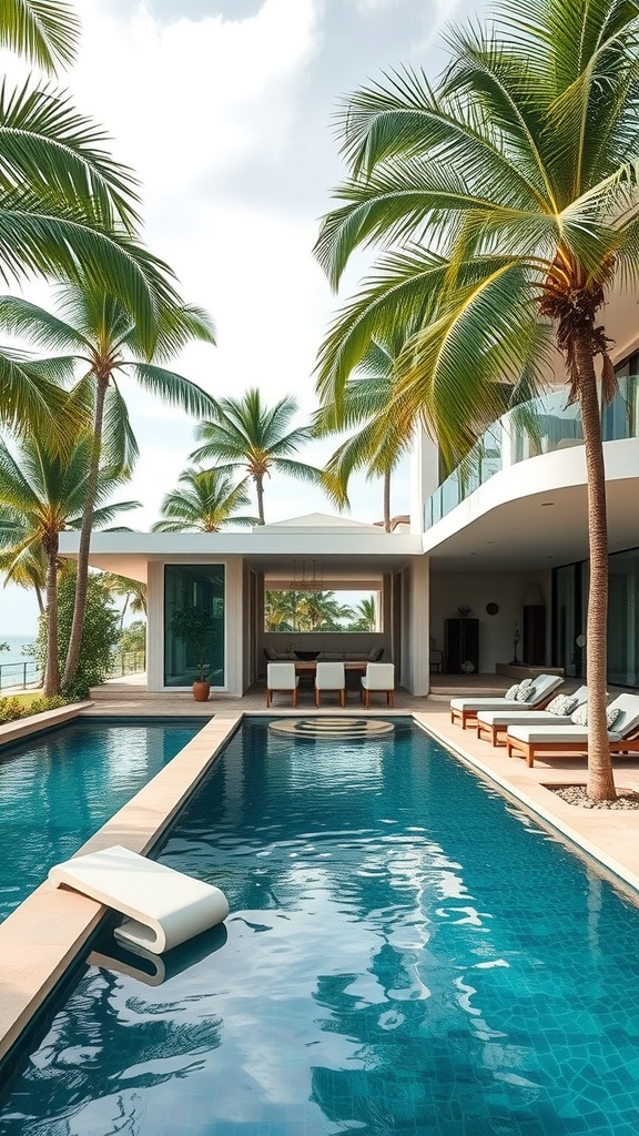 A luxurious tropical poolside villa with palm trees and a serene pool.