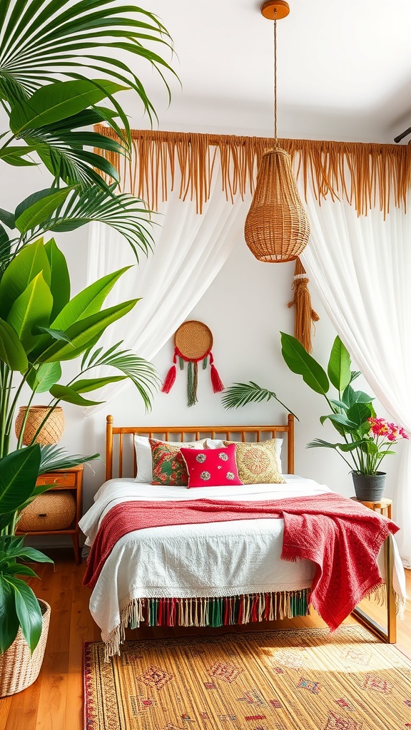 A cozy boho chic bedroom featuring bamboo elements, lush plants, and colorful textiles.