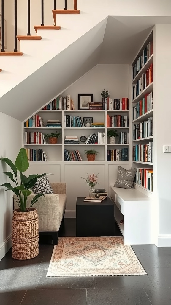 A cozy under-stair bookshelf nook with shelves filled with books, a comfortable chair, and decorative plants.