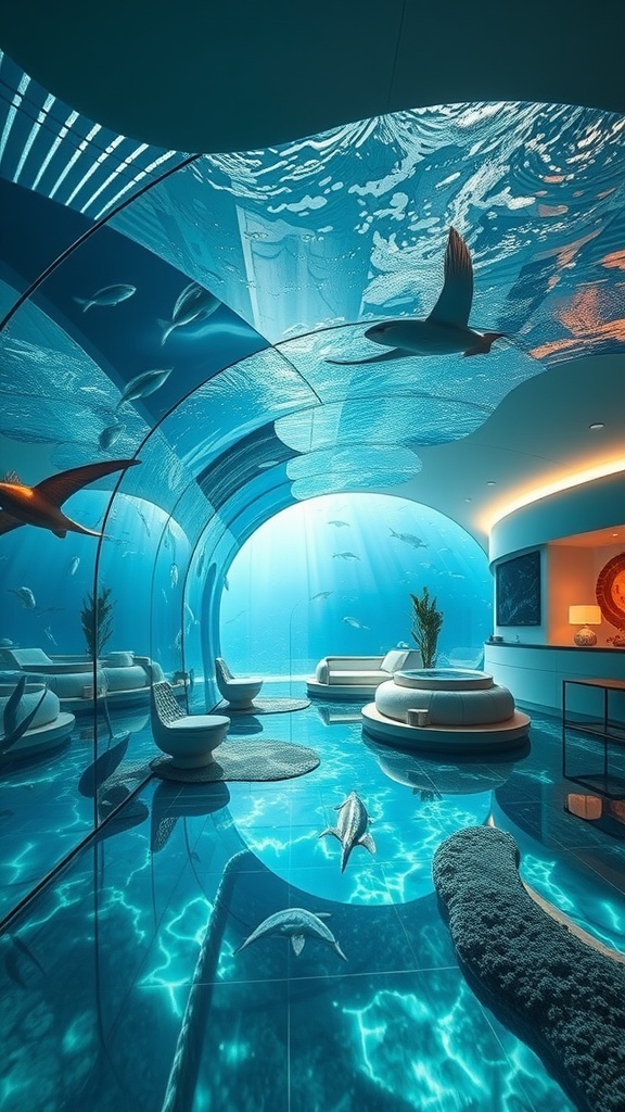 A luxurious underwater lounge with soft seating, clear water, and marine life visible through the glass.