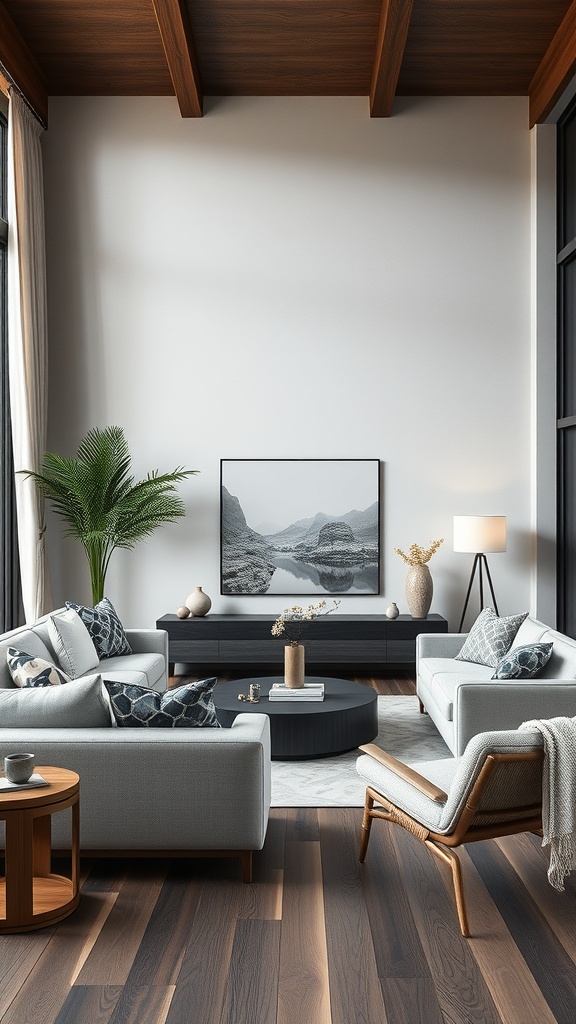 A modern living room featuring a mix of textures and materials, including soft sofas, wooden beams, and a stylish coffee table.