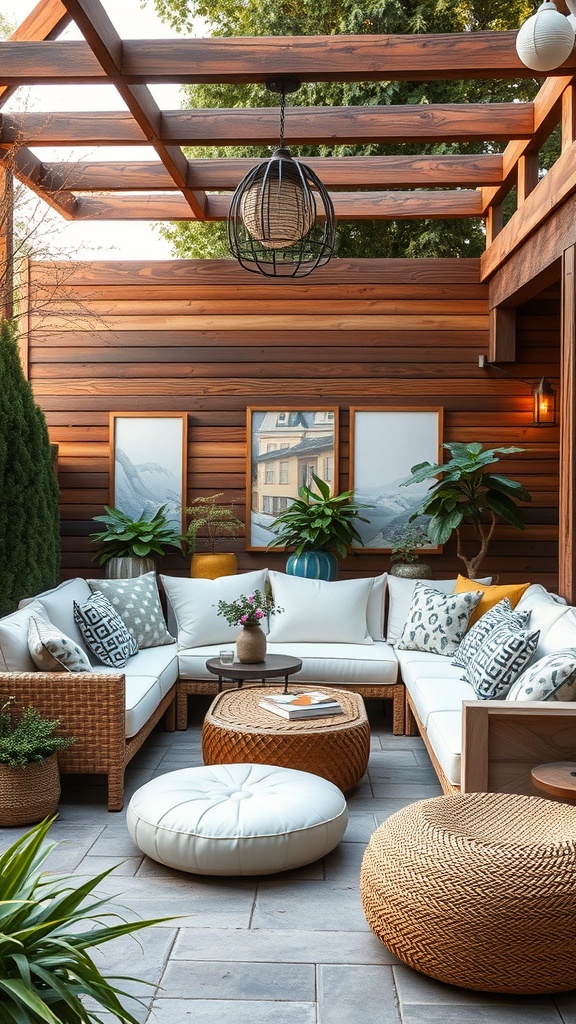 Cozy outdoor lounge with stylish furniture and decorative elements.
