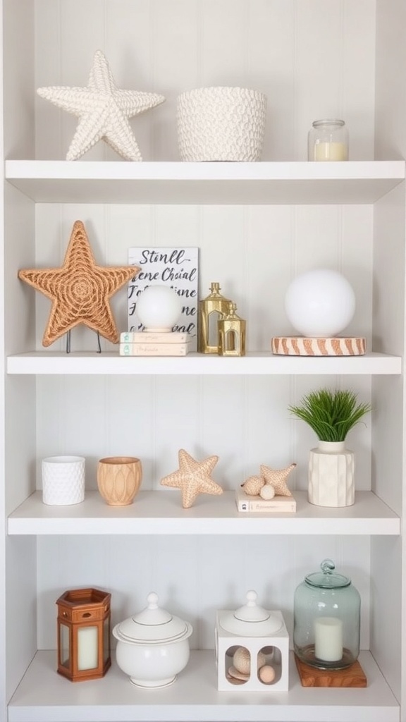 A stylish living space featuring decorative accessories on shelves, including vases, bowls, and an aquarium.