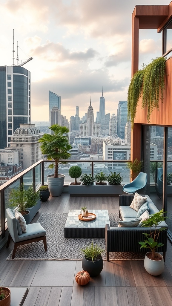 A stylish rooftop terrace with seating and plants overlooking a city skyline.