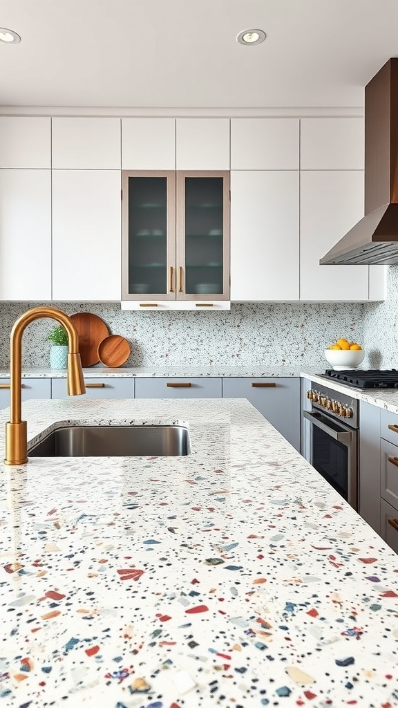 A modern kitchen featuring a unique terrazzo countertop with colorful chips.