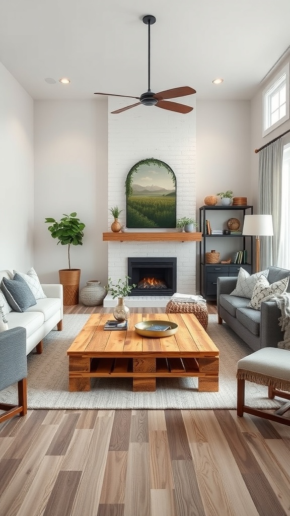 A cozy living room featuring a rustic upcycled pallet coffee table.