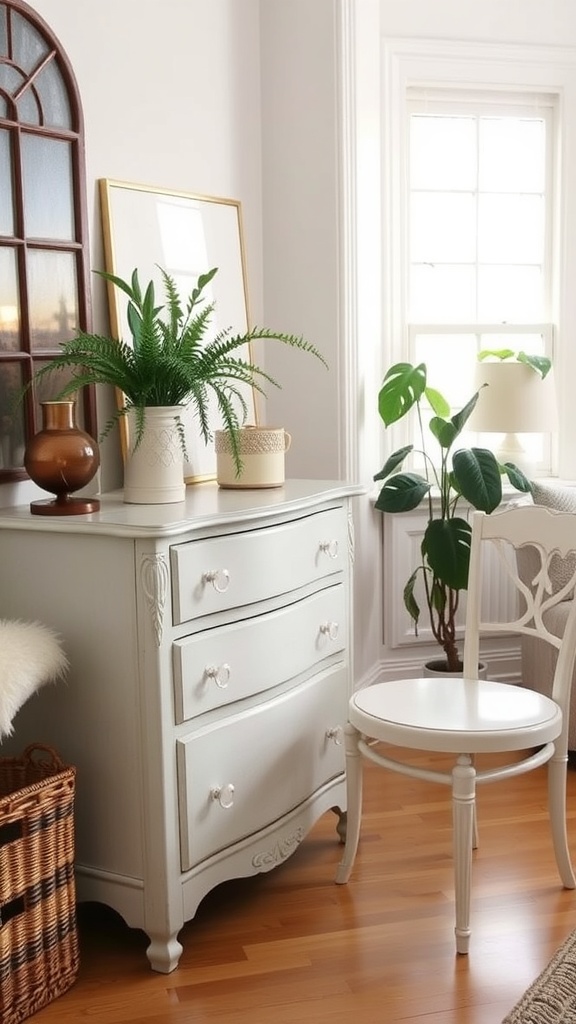 A stylishly upcycled white dresser and chair with plants in a bright room.